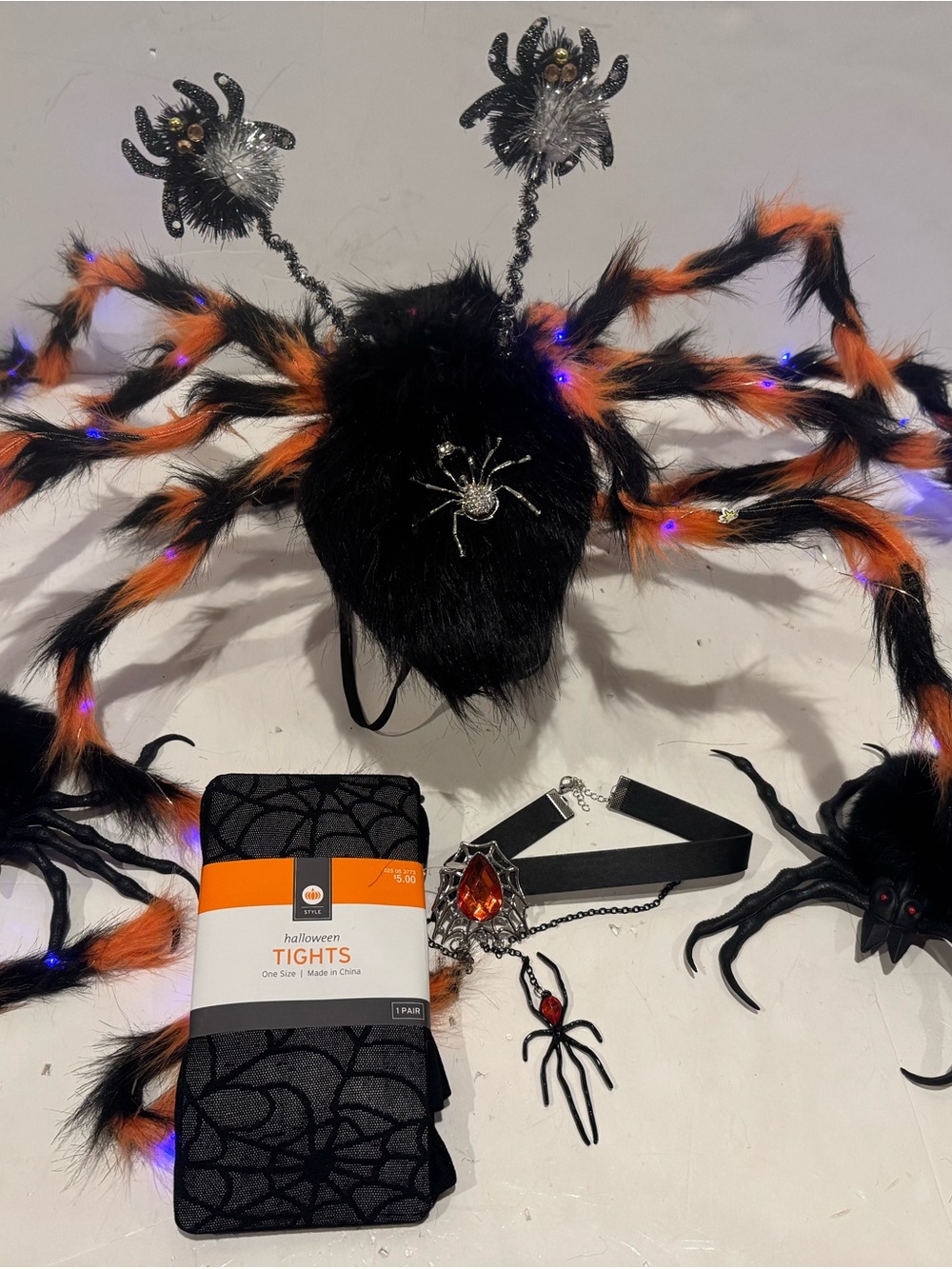 Halloween Spider costume lite up backpack spider & tights, headband, pin collar